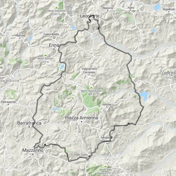 Miniatura della mappa di ispirazione al ciclismo "Tour ciclistico completo da Leonforte a Leonforte" nella regione di Sicilia, Italy. Generata da Tarmacs.app, pianificatore di rotte ciclistiche