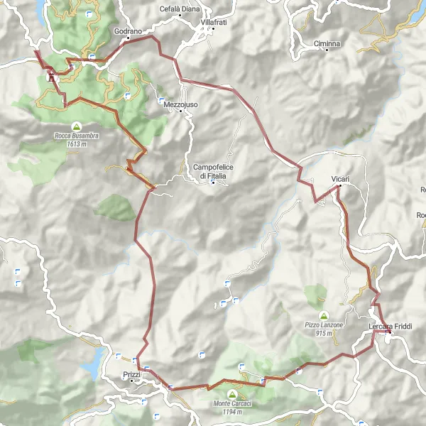 Miniatura della mappa di ispirazione al ciclismo "Giro Gravel da Lercara Friddi a Ficuzza" nella regione di Sicilia, Italy. Generata da Tarmacs.app, pianificatore di rotte ciclistiche