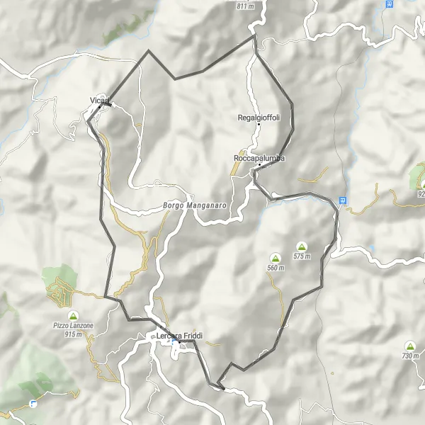 Map miniature of "Lercara Friddi to Roccapalumba Road Route" cycling inspiration in Sicilia, Italy. Generated by Tarmacs.app cycling route planner