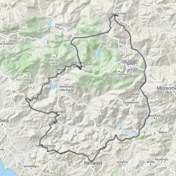 Map miniature of "Lercara Friddi to Lercara Friddi Road Loop" cycling inspiration in Sicilia, Italy. Generated by Tarmacs.app cycling route planner