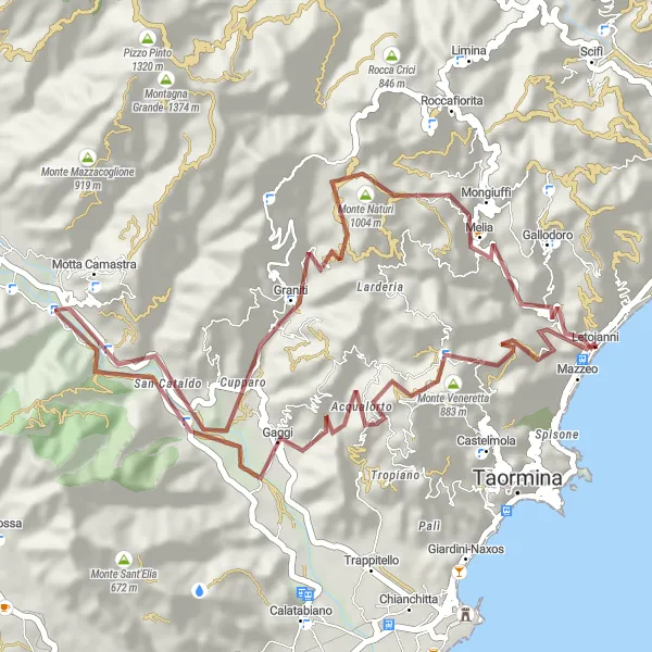 Miniatura della mappa di ispirazione al ciclismo "Esplorazione in bicicletta di Motta Camastra e dintorni" nella regione di Sicilia, Italy. Generata da Tarmacs.app, pianificatore di rotte ciclistiche