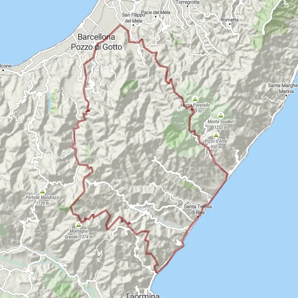 Miniatura della mappa di ispirazione al ciclismo "Epic Gravel Adventure to Monte Pietrabianca" nella regione di Sicilia, Italy. Generata da Tarmacs.app, pianificatore di rotte ciclistiche