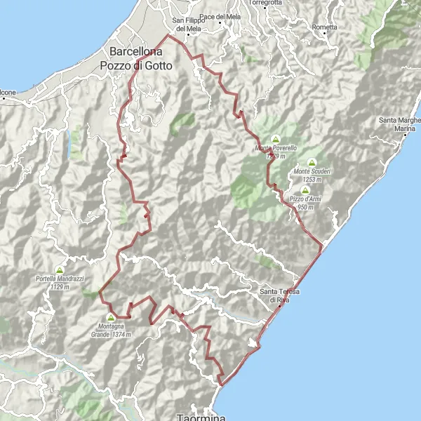 Map miniature of "Letojanni Gravel Ride" cycling inspiration in Sicilia, Italy. Generated by Tarmacs.app cycling route planner