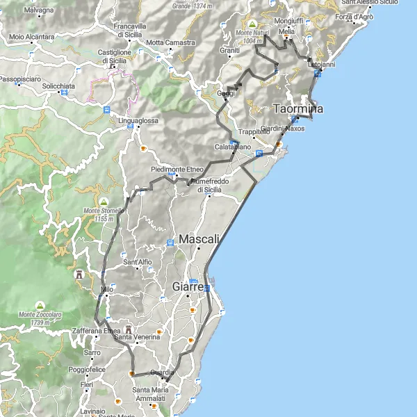 Miniatura della mappa di ispirazione al ciclismo "Giro in bicicletta di Taormina e dintorni" nella regione di Sicilia, Italy. Generata da Tarmacs.app, pianificatore di rotte ciclistiche