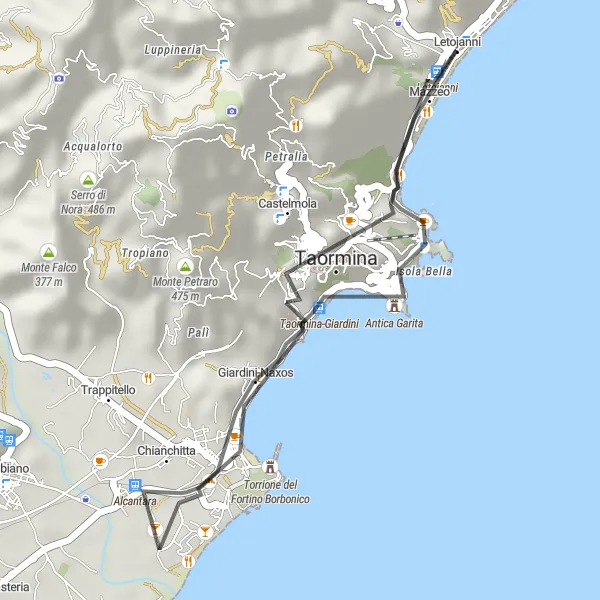 Map miniature of "Letojanni Loop" cycling inspiration in Sicilia, Italy. Generated by Tarmacs.app cycling route planner