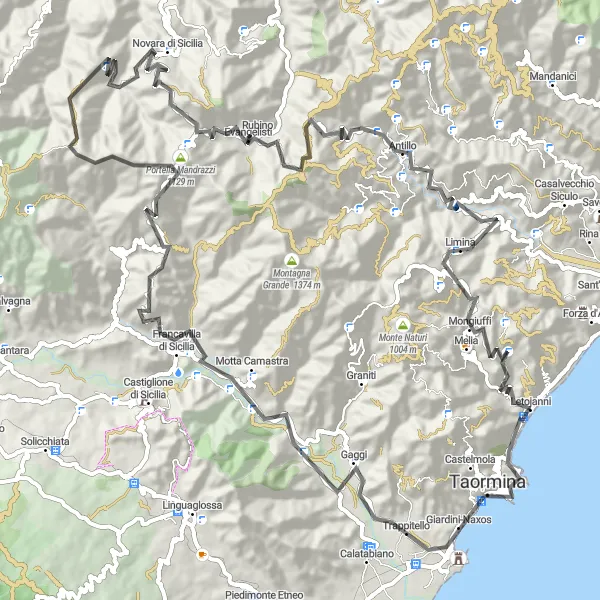 Map miniature of "Round-Trip Cycling Route near Letojanni" cycling inspiration in Sicilia, Italy. Generated by Tarmacs.app cycling route planner