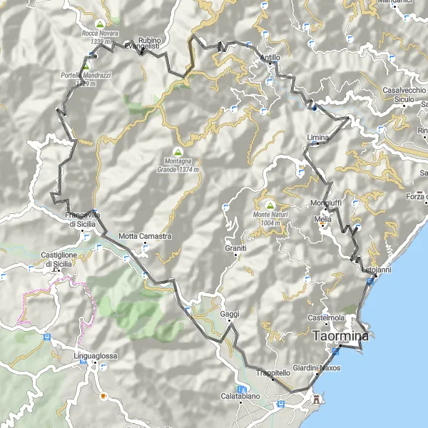 Miniatura della mappa di ispirazione al ciclismo "Road Cycling Tour to Motta Camastra" nella regione di Sicilia, Italy. Generata da Tarmacs.app, pianificatore di rotte ciclistiche