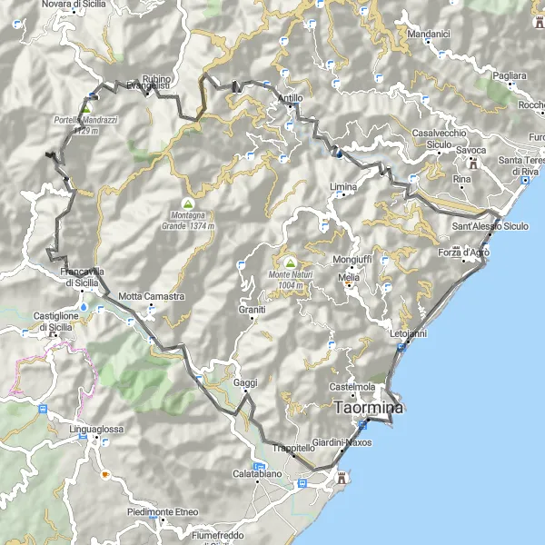 Miniatura della mappa di ispirazione al ciclismo "Giro in bicicletta da Letojanni a Rocca Novara" nella regione di Sicilia, Italy. Generata da Tarmacs.app, pianificatore di rotte ciclistiche