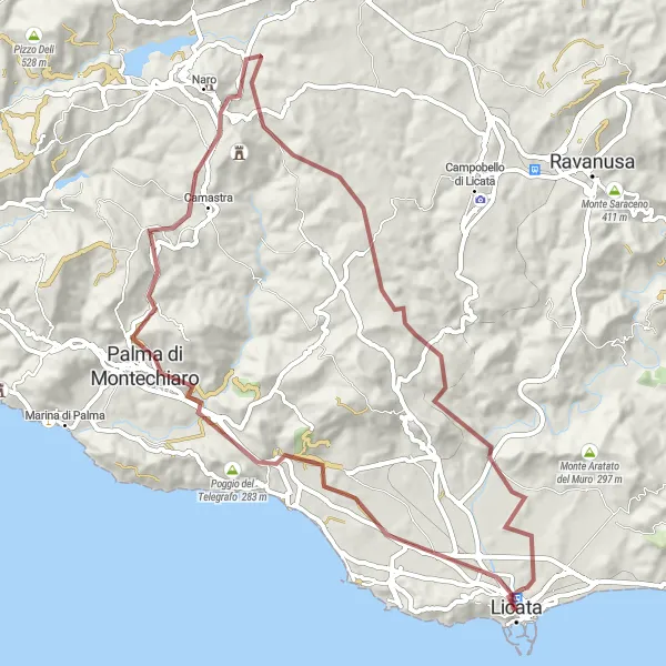 Map miniature of "Gravel Adventure through Sicily's Countryside" cycling inspiration in Sicilia, Italy. Generated by Tarmacs.app cycling route planner