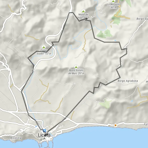 Map miniature of "Licata - Palazzo Frangipane - Pizzo di Peres - Pizzo Marcato Bianco - Licata" cycling inspiration in Sicilia, Italy. Generated by Tarmacs.app cycling route planner