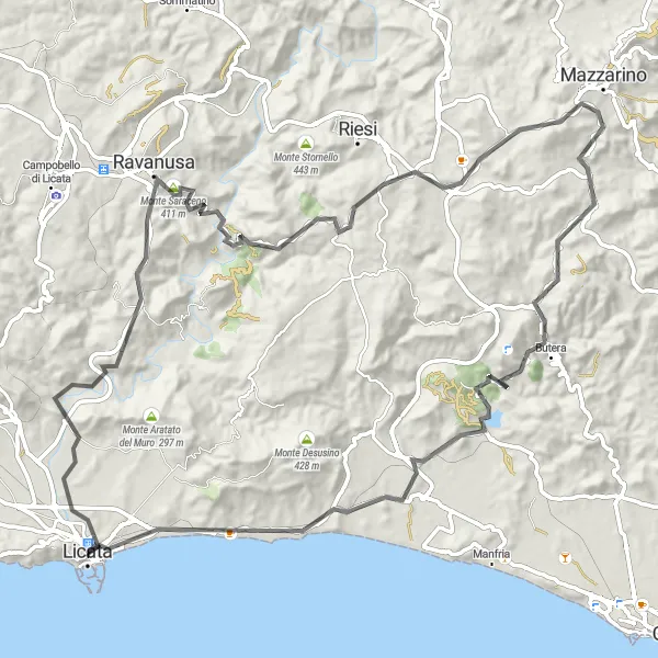Map miniature of "Sicilian Coastline Road Adventure" cycling inspiration in Sicilia, Italy. Generated by Tarmacs.app cycling route planner