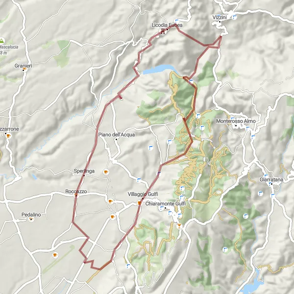 Miniatura della mappa di ispirazione al ciclismo "Avventura gravel da Licodia Eubea al Monte Pizzuto" nella regione di Sicilia, Italy. Generata da Tarmacs.app, pianificatore di rotte ciclistiche