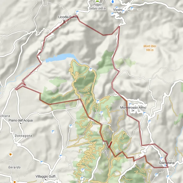 Miniatura della mappa di ispirazione al ciclismo "Gravel tra Licodia Eubea e Vizzini" nella regione di Sicilia, Italy. Generata da Tarmacs.app, pianificatore di rotte ciclistiche