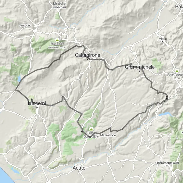 Map miniature of "Licodia Eubea - Grammichele Epic Road Challenge" cycling inspiration in Sicilia, Italy. Generated by Tarmacs.app cycling route planner