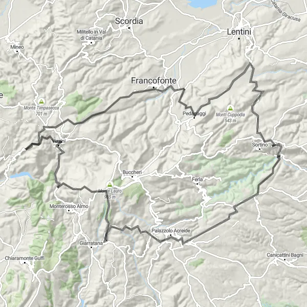Miniatura della mappa di ispirazione al ciclismo "Esplorazione lungo le colline siciliane" nella regione di Sicilia, Italy. Generata da Tarmacs.app, pianificatore di rotte ciclistiche