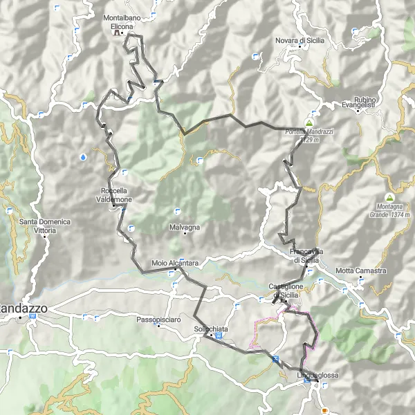 Miniatura della mappa di ispirazione al ciclismo "Scorci paesaggistici lungo i Monti Peloritani" nella regione di Sicilia, Italy. Generata da Tarmacs.app, pianificatore di rotte ciclistiche