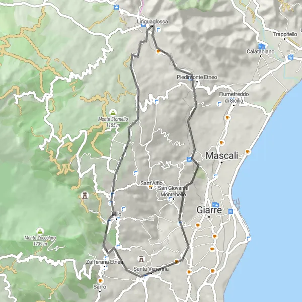 Miniatura della mappa di ispirazione al ciclismo "Breve Giro in Bicicletta da Linguaglossa a Piedimonte Etneo" nella regione di Sicilia, Italy. Generata da Tarmacs.app, pianificatore di rotte ciclistiche