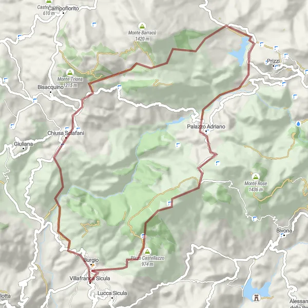 Map miniature of "Gravel Adventure: Mountains and Valleys" cycling inspiration in Sicilia, Italy. Generated by Tarmacs.app cycling route planner