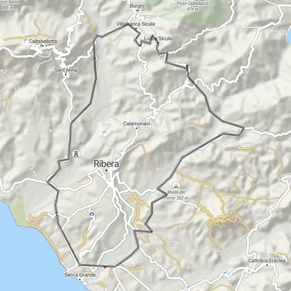 Map miniature of "Exploring Tavernola" cycling inspiration in Sicilia, Italy. Generated by Tarmacs.app cycling route planner