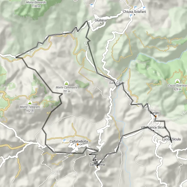 Map miniature of "The Caltabellotta Challenge" cycling inspiration in Sicilia, Italy. Generated by Tarmacs.app cycling route planner