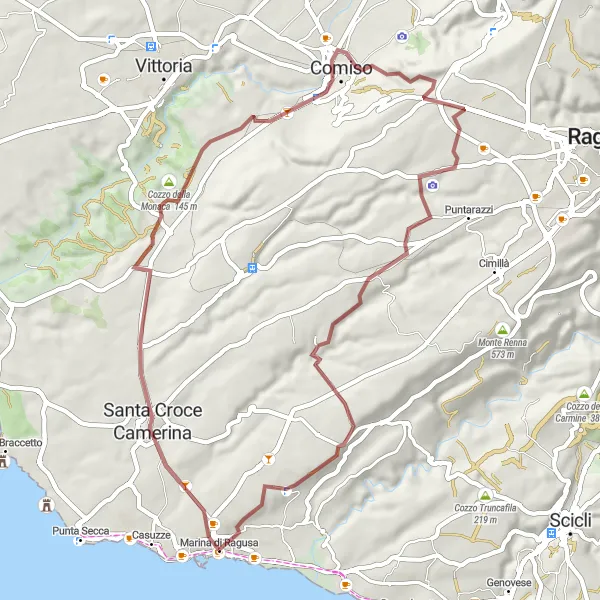 Miniatura della mappa di ispirazione al ciclismo "Esplorazione in gravel tra Marina di Ragusa e Poggio Mendolilli" nella regione di Sicilia, Italy. Generata da Tarmacs.app, pianificatore di rotte ciclistiche