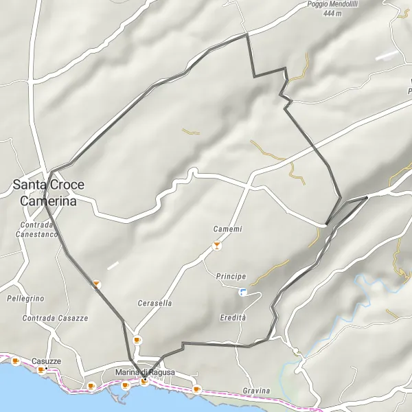 Map miniature of "Coastal Delights of Santa Croce Camerina" cycling inspiration in Sicilia, Italy. Generated by Tarmacs.app cycling route planner