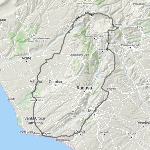 Map miniature of "Sicilian Scenery and Charming Towns" cycling inspiration in Sicilia, Italy. Generated by Tarmacs.app cycling route planner