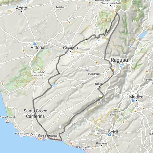 Miniatura della mappa di ispirazione al ciclismo "Road da Marina di Ragusa a Torre Cabrera" nella regione di Sicilia, Italy. Generata da Tarmacs.app, pianificatore di rotte ciclistiche