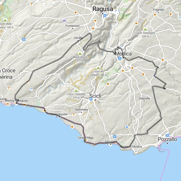 Map miniature of "Challenging Road Tour to Marina di Modica" cycling inspiration in Sicilia, Italy. Generated by Tarmacs.app cycling route planner