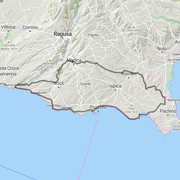 Map miniature of "Cycling Adventure to Pozzallo" cycling inspiration in Sicilia, Italy. Generated by Tarmacs.app cycling route planner