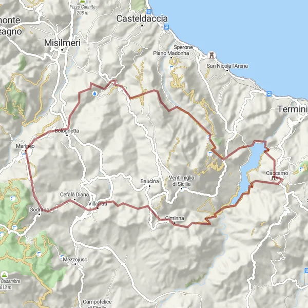 Map miniature of "Gravel Cycling Adventure around Marineo" cycling inspiration in Sicilia, Italy. Generated by Tarmacs.app cycling route planner