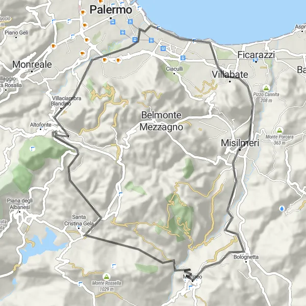 Miniatura della mappa di ispirazione al ciclismo "Giro in bicicletta Road a Marineo" nella regione di Sicilia, Italy. Generata da Tarmacs.app, pianificatore di rotte ciclistiche