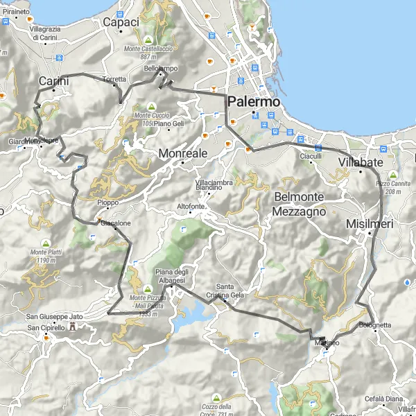 Map miniature of "Scenic Road Cycling from Marineo to Pizzo Capra" cycling inspiration in Sicilia, Italy. Generated by Tarmacs.app cycling route planner