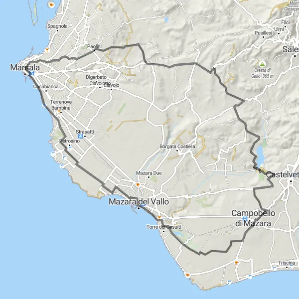 Map miniature of "Castles and Vineyards Adventure" cycling inspiration in Sicilia, Italy. Generated by Tarmacs.app cycling route planner