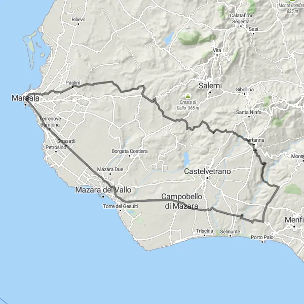 Map miniature of "Scenic Tour around Marsala and Surrounding Areas" cycling inspiration in Sicilia, Italy. Generated by Tarmacs.app cycling route planner
