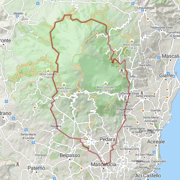 Map miniature of "The Gravel Journey of Monti Rossi" cycling inspiration in Sicilia, Italy. Generated by Tarmacs.app cycling route planner