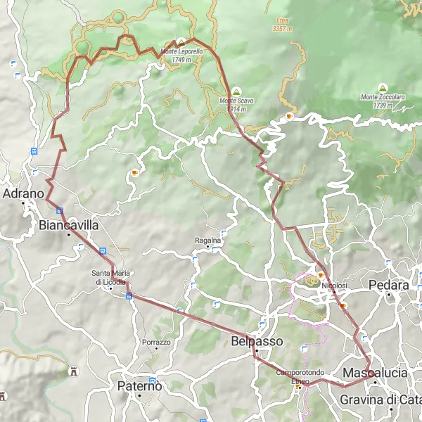 Miniatura della mappa di ispirazione al ciclismo "Giro avventuroso tra Belpasso e Nicolosi" nella regione di Sicilia, Italy. Generata da Tarmacs.app, pianificatore di rotte ciclistiche
