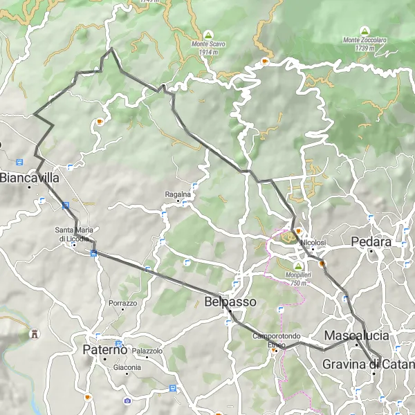 Miniatura della mappa di ispirazione al ciclismo "Giro in bicicletta da Mascalucia a Nicolosi" nella regione di Sicilia, Italy. Generata da Tarmacs.app, pianificatore di rotte ciclistiche