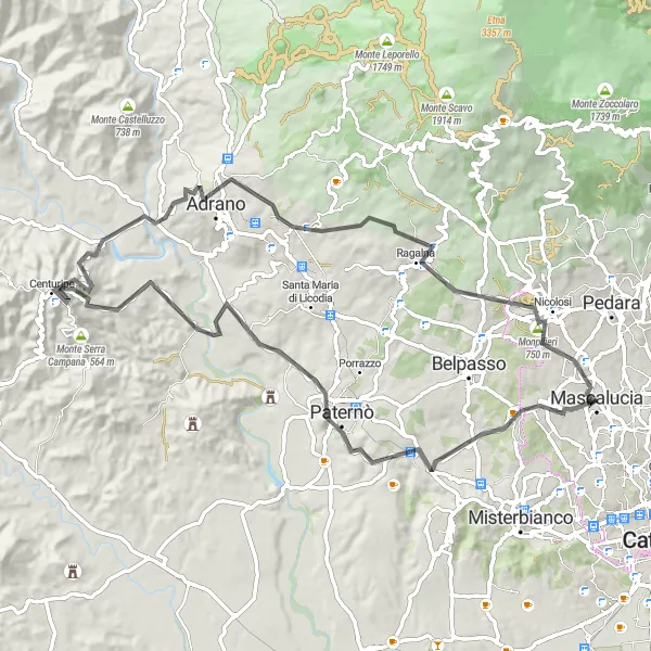 Map miniature of "The Ultimate Challenge: Road to Ragalna" cycling inspiration in Sicilia, Italy. Generated by Tarmacs.app cycling route planner