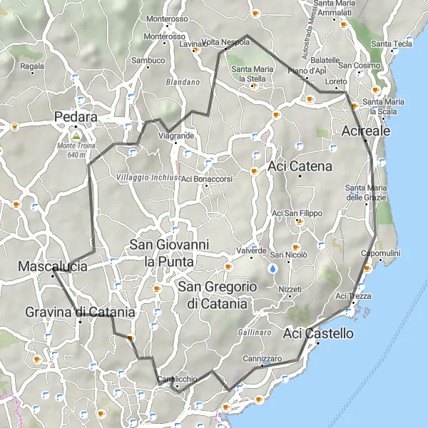 Miniatura della mappa di ispirazione al ciclismo "Breve circuito tra Acireale e Monte San Paolillo" nella regione di Sicilia, Italy. Generata da Tarmacs.app, pianificatore di rotte ciclistiche