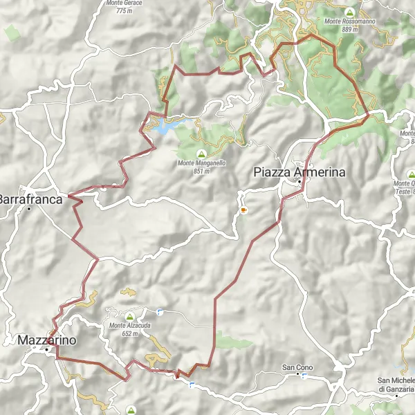 Map miniature of "Mazzarino - Monte Torre - Montagna di Marzo - Piazza Armerina - Rocche di Gropazzi - Cozzo San Nicola" cycling inspiration in Sicilia, Italy. Generated by Tarmacs.app cycling route planner