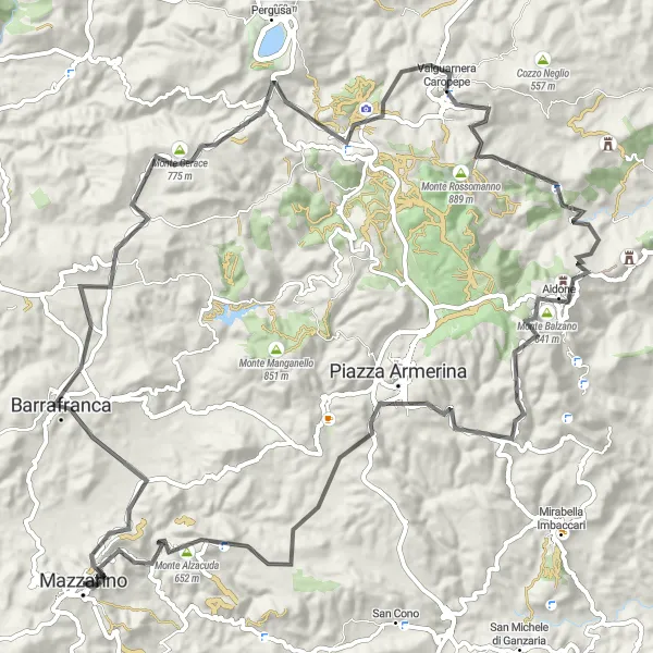 Map miniature of "Monte Alzacuda Challenge" cycling inspiration in Sicilia, Italy. Generated by Tarmacs.app cycling route planner