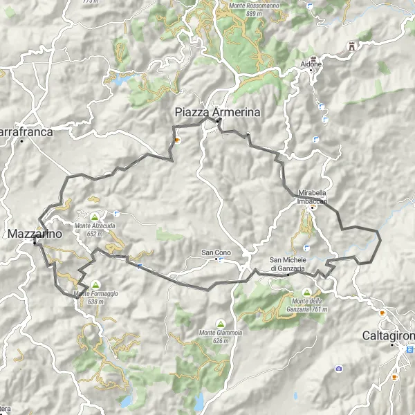 Map miniature of "Mazzarino Scenic Ride" cycling inspiration in Sicilia, Italy. Generated by Tarmacs.app cycling route planner