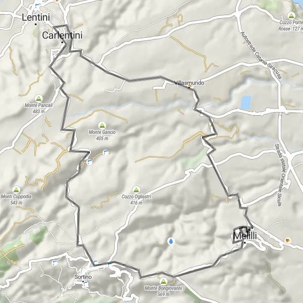 Miniatura della mappa di ispirazione al ciclismo "Giro in bicicletta di Melilli a Monte Carrubba e ritorno" nella regione di Sicilia, Italy. Generata da Tarmacs.app, pianificatore di rotte ciclistiche