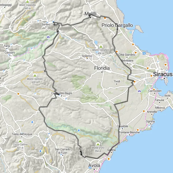 Miniatura della mappa di ispirazione al ciclismo "Giro in bicicletta di Melilli a Cozzo San Mauro e ritorno" nella regione di Sicilia, Italy. Generata da Tarmacs.app, pianificatore di rotte ciclistiche