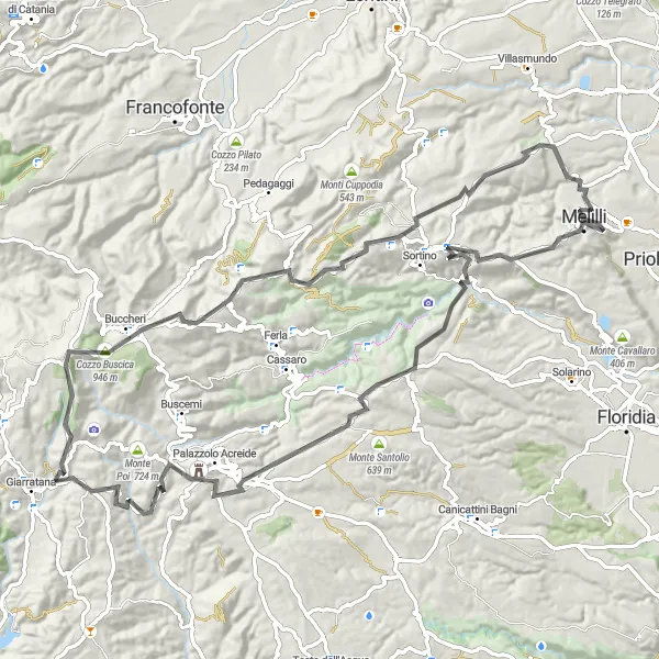 Miniatura della mappa di ispirazione al ciclismo "Giro in bicicletta da Melilli a Monte Cugni" nella regione di Sicilia, Italy. Generata da Tarmacs.app, pianificatore di rotte ciclistiche