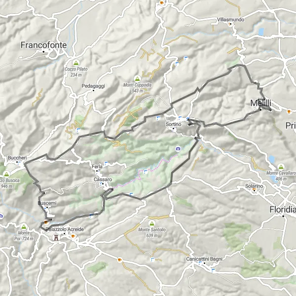 Map miniature of "Melilli to Monte Cugni Road Cycling Route" cycling inspiration in Sicilia, Italy. Generated by Tarmacs.app cycling route planner