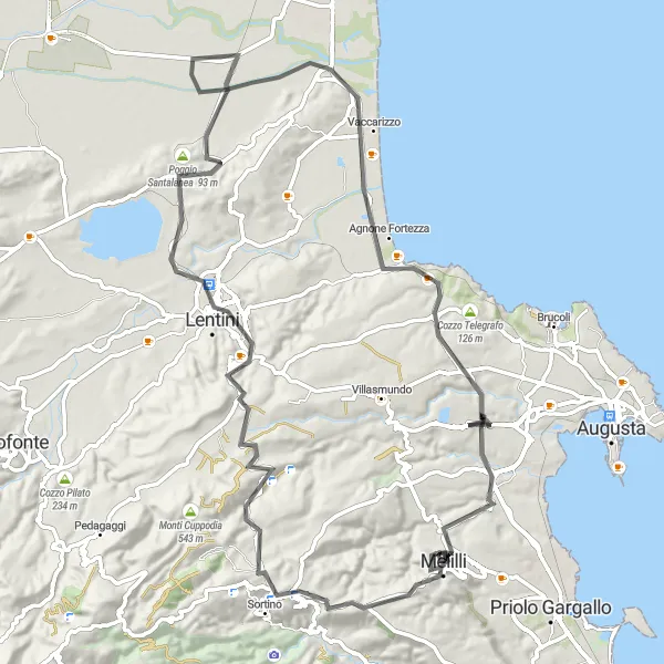 Map miniature of "Melilli - Carlentini Loop" cycling inspiration in Sicilia, Italy. Generated by Tarmacs.app cycling route planner