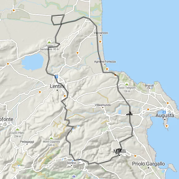 Miniatura della mappa di ispirazione al ciclismo "Percorso in bicicletta da Melilli a Poggio Santalanea" nella regione di Sicilia, Italy. Generata da Tarmacs.app, pianificatore di rotte ciclistiche