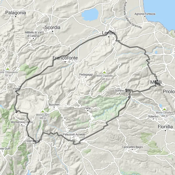 Miniatura della mappa di ispirazione al ciclismo "Avventura in bicicletta da Melilli a Monre Cassara" nella regione di Sicilia, Italy. Generata da Tarmacs.app, pianificatore di rotte ciclistiche